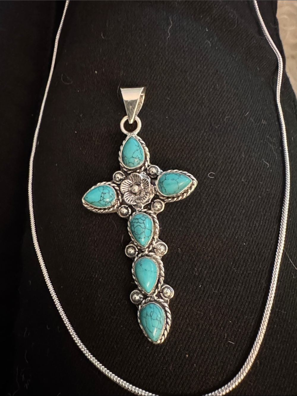 Turquoise Teardrop Cross Pendant Necklace - Sterling Silver with necklace
